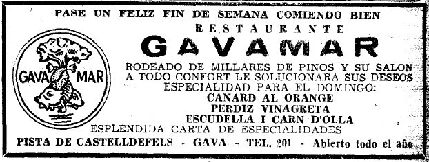 Anunci de les especialitats de diumenge del Restaurant Gavamar de Gav� Mar publicat al diari LA VANGUARDIA (16 de Novembre de 1957)
